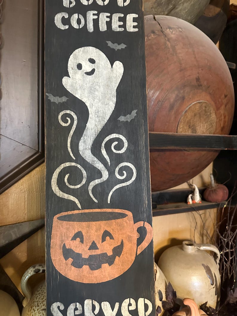 Fresh Boo’d Coffee Scream Ghost Pumpkin Halloween Porch Primitive Sign ...
