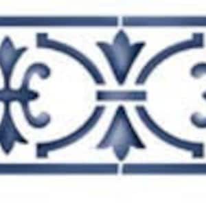 May include: A blue and white tile border stencil with a repeating pattern of stylized floral motifs. The stencil is designed for use with paint to create a decorative border on walls, floors, or furniture.