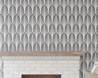 May include: A white brick fireplace with a wooden mantel and a black fireplace insert. The wall behind the fireplace is covered in a black and white geometric wallpaper pattern.