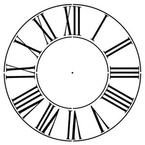 May include: A white clock face with black Roman numerals. The numbers are arranged in a circular pattern around the center. The clock face has a simple, classic design.