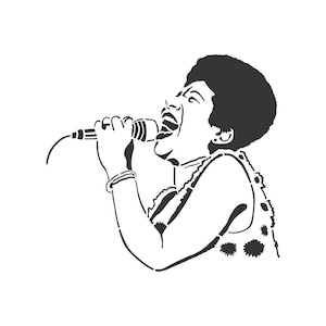 May include: Black and white line art illustration of a person singing into a microphone. The person is wearing a sleeveless shirt with a patterned design.