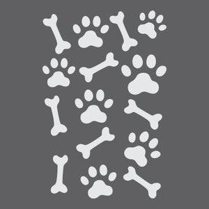 May include: A white background with a repeating pattern of white paw prints and bones. The paw prints are stylized and the bones are simple.