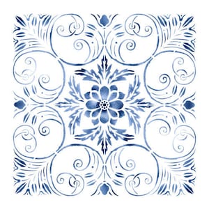 May include: A blue and white floral stencil with a repeating pattern of stylized flowers and leaves. The stencil is designed for use with paint or other decorative mediums.