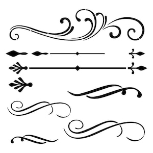 May include: A set of black decorative flourishes and dividers. The flourishes are in a classic, elegant style. The dividers are simple and straight.