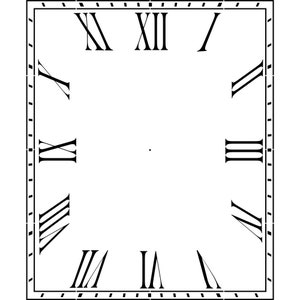 May include: A black and white clock face with Roman numeral markings. The clock face is surrounded by a black square frame with a dashed border.