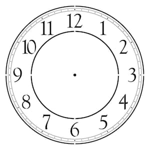 May include: A black and white clock face with Roman numerals for the hours 1 through 12. The clock face is blank, with no hands.