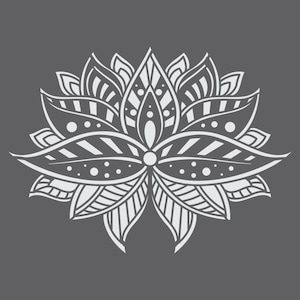 May include: A white intricate mandala design with a lotus flower shape. The design is detailed with lines, dots, and swirls.