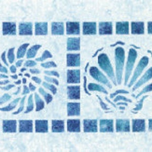May include: A blue and white stencil design featuring a repeating pattern of seashells and a tiled border. The stencil is perfect for creating a nautical themed design on walls, floors, or furniture.