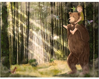 Bear carrying a little boy on his shoulders through an enchanted forest with hummingbirds and squirrels Childrens illustration Art Print