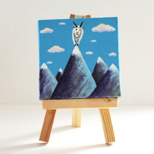 Mountain Goat Mini Painting, 3x3 children's art, original acrylic illustration on canvas with mini easel, blue, purple, gray, white, OOAK