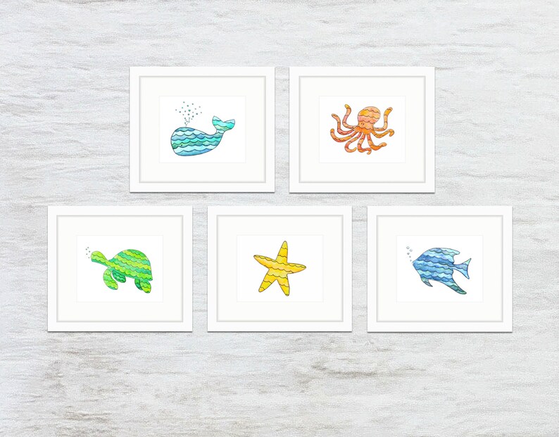 Ocean theme nursery art Set of 5 fish prints Sea life Etsy