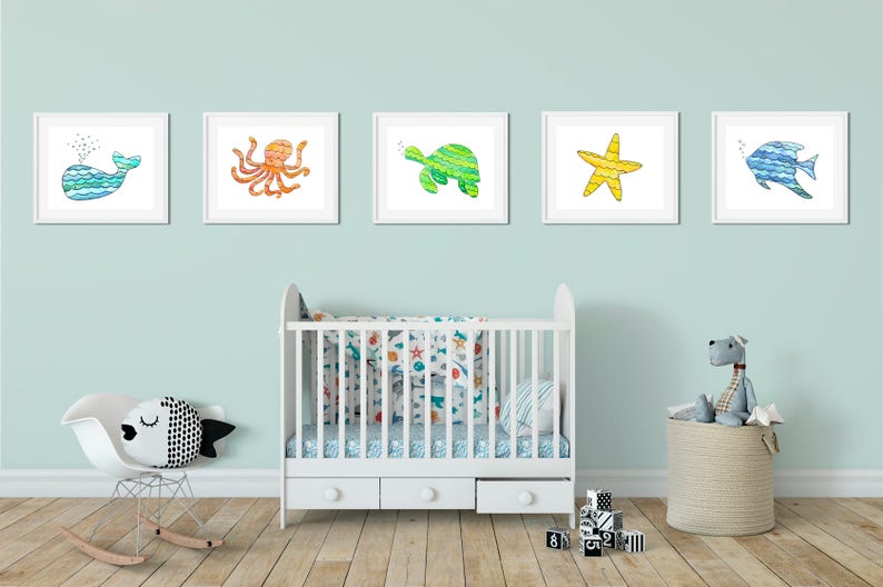 Ocean theme nursery art Set of 5 fish prints Sea life Etsy
