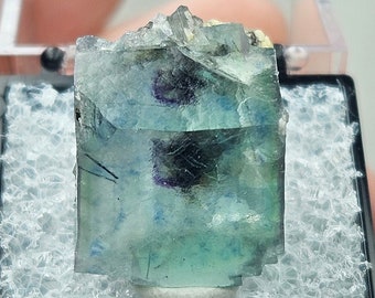 Phantom Fluorite Cube Crystal from Yindu Inner Mongolia, Fluorescent, Green with Blue and Purple, Comes with Display Case