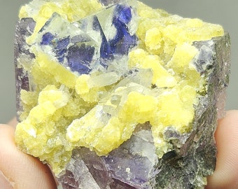 Fluorite Crystal Cubes on Yellow Muscovite and Quartz Points from Yindu, Fluorescent