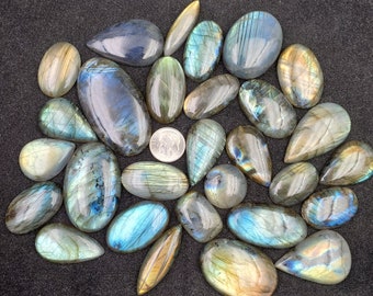 200 gram Lot of Quality Labradorite cabochons.  Mixed sizes, shapes and colors