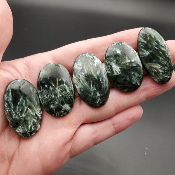 Oval Seraphinite cabochon with Nice Chatoyancy, 35-40mm in Length, YOU SELECT