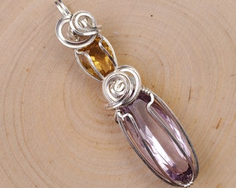 Colgante de amatista hecho a mano, collar de citrino, collar de plata esterlina envuelto en alambre hecho americano 50 mm