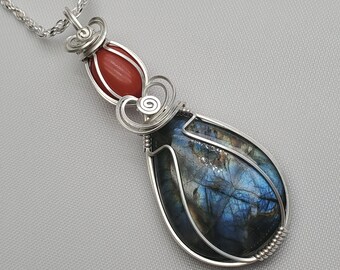 Labradorite and Coral Pendant Necklace, Handmade Sterling Silver Wire Wrapped Pendant, 66mm in length