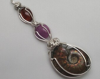 Wire Wrapped Opalized Ammonite Pendant, Ruby and Amber, Sterling Silver