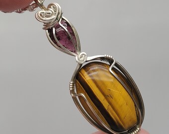 Tigers Eye and Tourmaline Pendant Necklace, Wire Wrapped Sterling Silver Necklace, 56mm in length