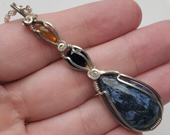 Hawks Eye, Tourmaline, Opal Sterling Silver Pendant, Wire Wrapped