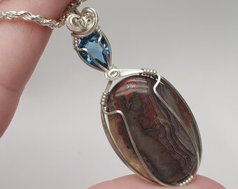 Handmade Crazy Lace Agate Topaz Pendant, Sterling Silver Wire Wrapped