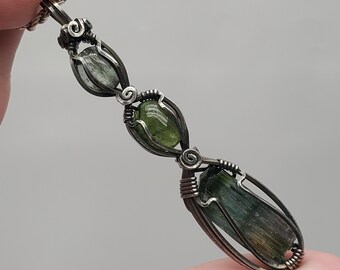 Brazilian Tourmaline Oxidized Sterling Silver Pendant, Wire Wrapped Necklace