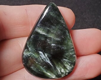 AAA Teardrop Seraphinite Cabochon with Nice Chatoyancy, 64 carats, 44x31mm