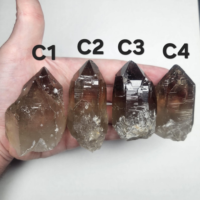 May include: Four smoky quartz crystal points, labeled C1, C2, C3, and C4. The crystals are various shades of brown and have a natural, rough texture at the base. The crystals are held in a hand against a white background.