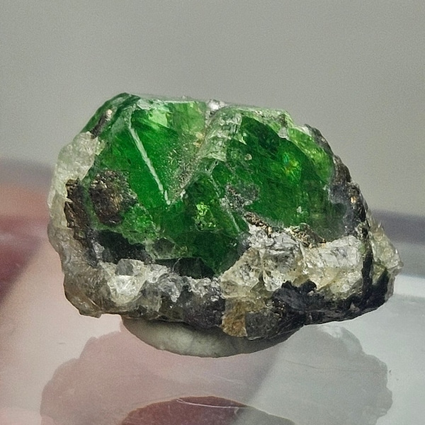 TWINNED Tsavorite Garnet Crystal with Quartz and Pyrite, Gem Green Grossular Garnet, Tanzania, 24.7 carats