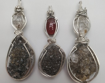 Handmade Sterling Silver Herkimer Diamond Druzy Pendant, Amber Accent