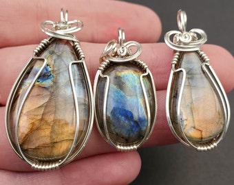 Labradorite Pendant Necklace, Handmade in Sterling Silver, 37-50mm in length, YOU SELECT