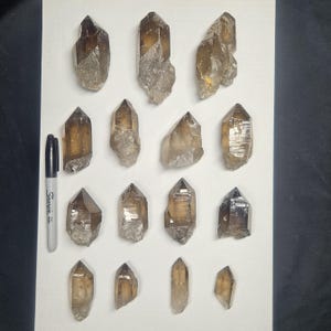 May include: A collection of smoky quartz crystal points in various sizes and shapes. The crystals range in color from light to dark brown, with some having a translucent appearance. A black Sharpie marker is included for size reference.