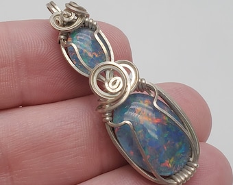 Handmade Australian Opal Triplet Pendant Necklace, Sterling Silver Wire Wrap (45mm)