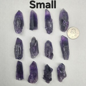 Peut inclure: Plusieurs petits cristaux d'am&eacute;thyste bruts de diff&eacute;rentes nuances de violet. Les cristaux sont dispos&eacute;s sur une surface blanche, avec une pi&egrave;ce de monnaie pour l'&eacute;chelle. Le mot "Small" est imprim&eacute; en noir en haut.