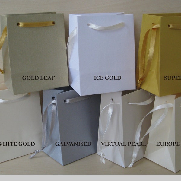 50 extra small luxury metallic paper bags .Hand Made.Satin ribbon handles