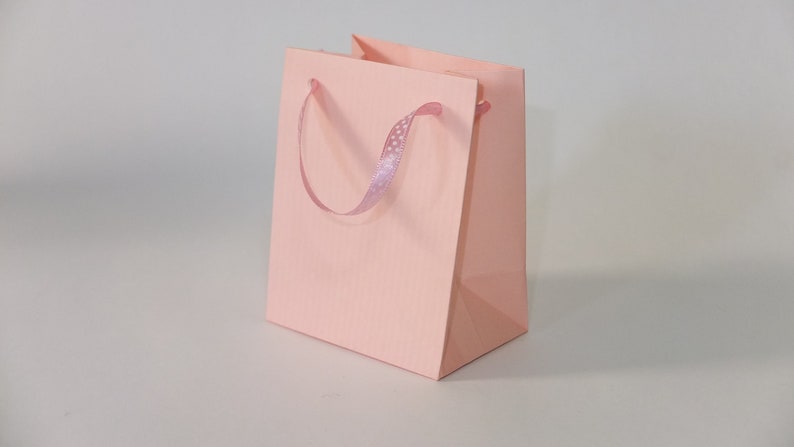 May include: A light pink gift bag with a white polka dot ribbon handle.