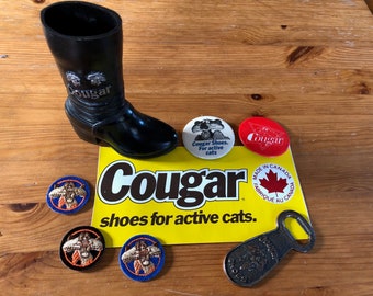 Vintage Cougar Shoes Collection - Boot, Buttons, Sticker, Bottle Opener - VERY RARE