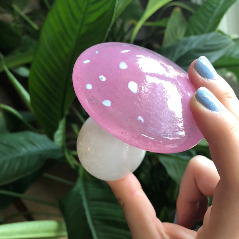 Pink Glass Mushroom Paperweight Sculpture image 2