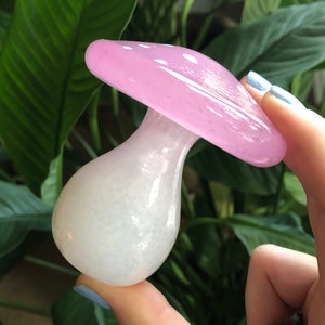 Pink Glass Mushroom Paperweight Sculpture image 1