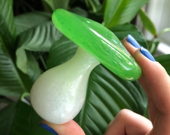 Green Glass Mushroom Paperweight Sculpture