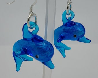 Blue Glass Dolphin Dangle Earrings
