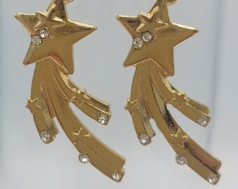 Gold Bedazzled Flying Star Dangle Earrings