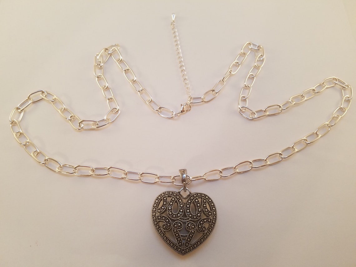 Long Silver Heart Pendant Chain Necklace - Etsy UK
