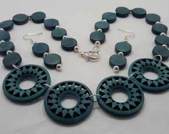 Teal blue-green necklace and earring set