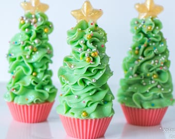 CLEARANCE * O' Christmas Tree Mini Cupcake Soap - Christmas Soap, Artisan Soap Cupcake, Cold Process Soap, Coconut Milk, Stock Stuffer, Gift