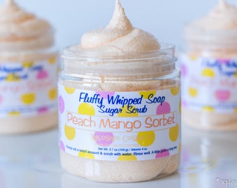 Fluffy Whipped Soap Sugar Scrub - Peach Mango Sorbet - Whipped Sugar Scrub, Body Wash, Body Scrub, Sweet Fruity Scent - 4 oz.