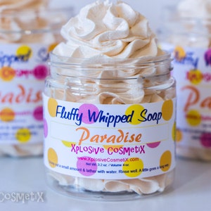 Fluffy Whipped Soap - Paradise, Vegan Friendly, Body Wash, Tropical Peach Scent, 4 oz.