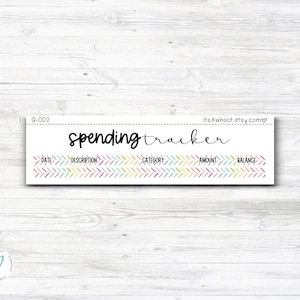 May include: A printable spending tracker with a colourful chevron pattern. The tracker has columns for date, description, category, amount, and balance.