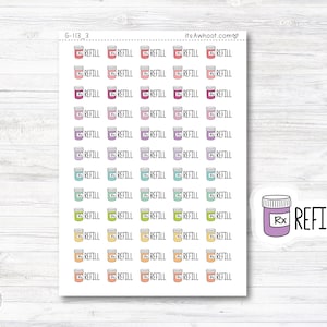 May include: A sheet of colorful stickers featuring small pill bottles with the word "REFILL" printed on each. A larger sticker with a pill bottle and the word "REFILL" is also included.